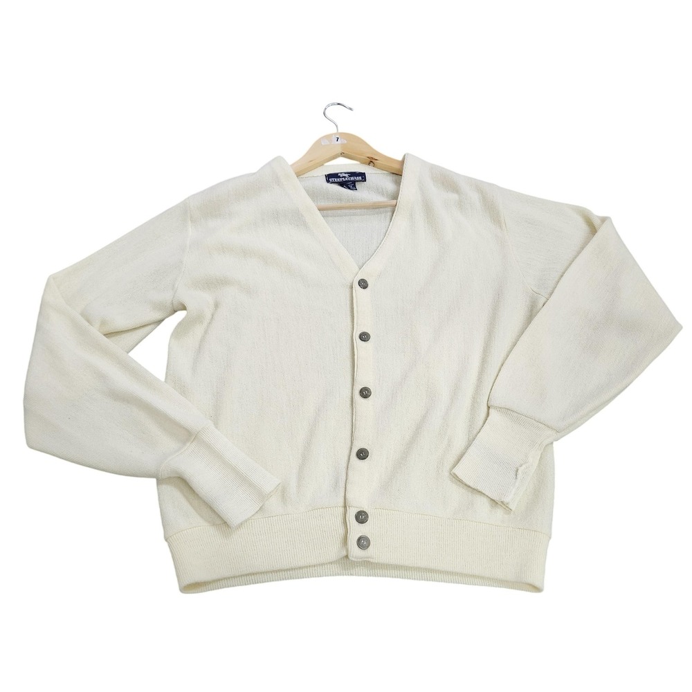 Vintage Steeplechase Sweater Mens Medium White V Neck Button Cardigan Knit